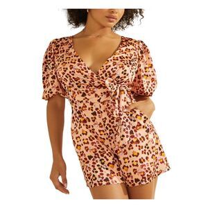 GUESS Womens Coral Back Tie At Back And Wai Pouf Sleeve Faux Wrap Romper XS